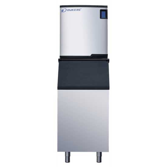 Dukers DIM-700A ice machine open bin showing massive 550 lb storage capacity and antimicrobial liner