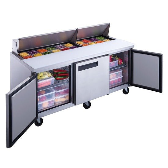 Dukers DSP72 - 18 - S3 3 - Door Commercial Sandwich Salad Food Prep Table Refrigerator - 18 Pans