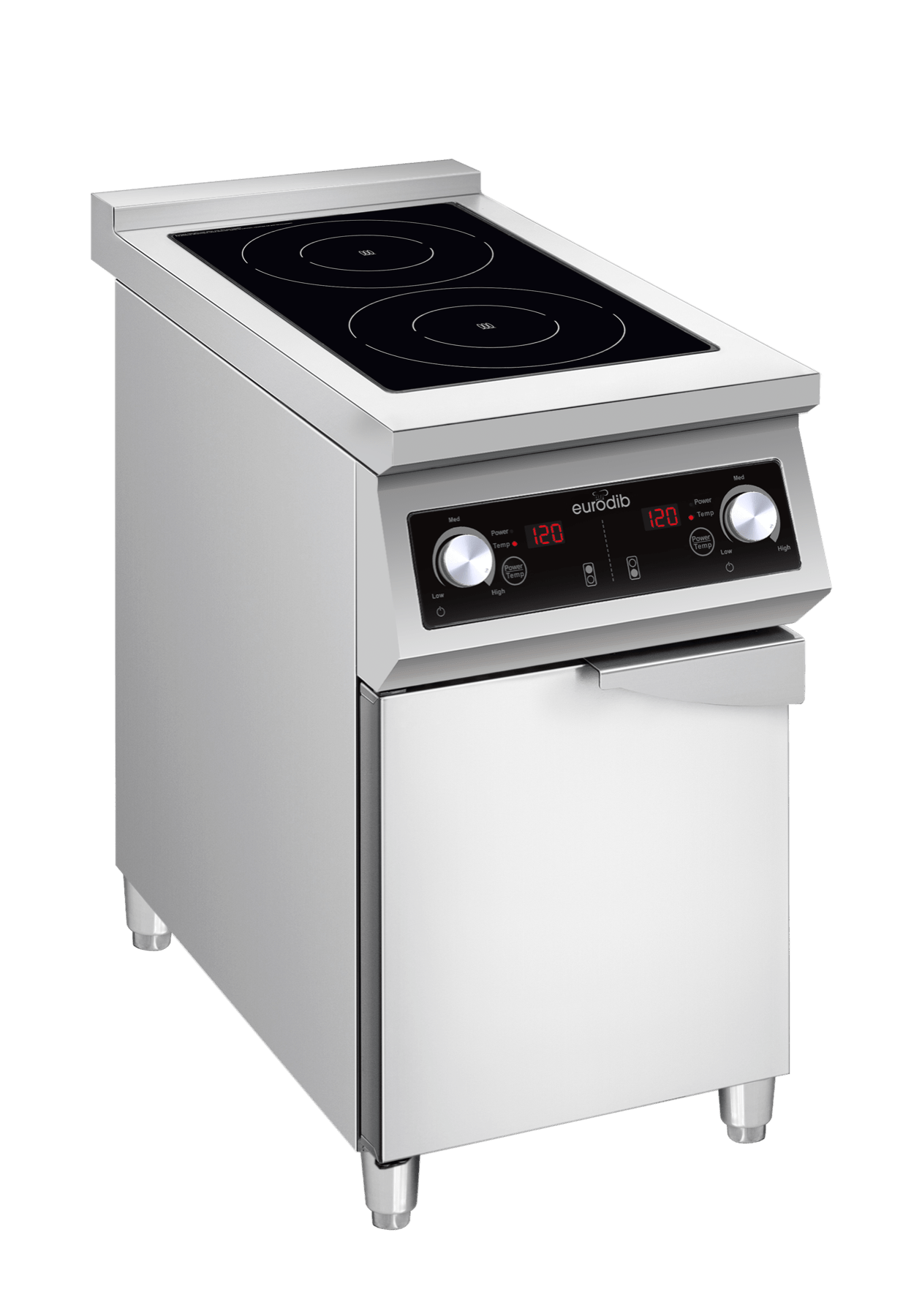 Eurodib FCIHD235D3PH heavy-duty floor 2-hub induction range with enclosed cabinet 3.5kW per hub three-phase