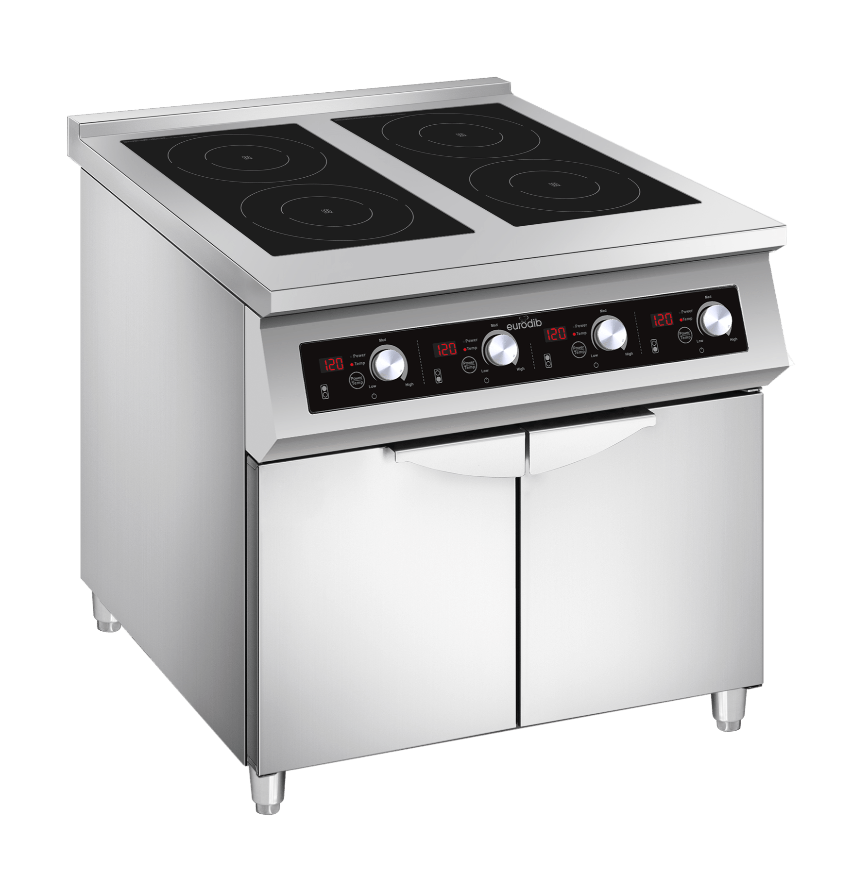 Eurodib FCIHD435D3PH heavy-duty floor 4-hub induction range with enclosed cabinet 3.5kW per hub three-phase