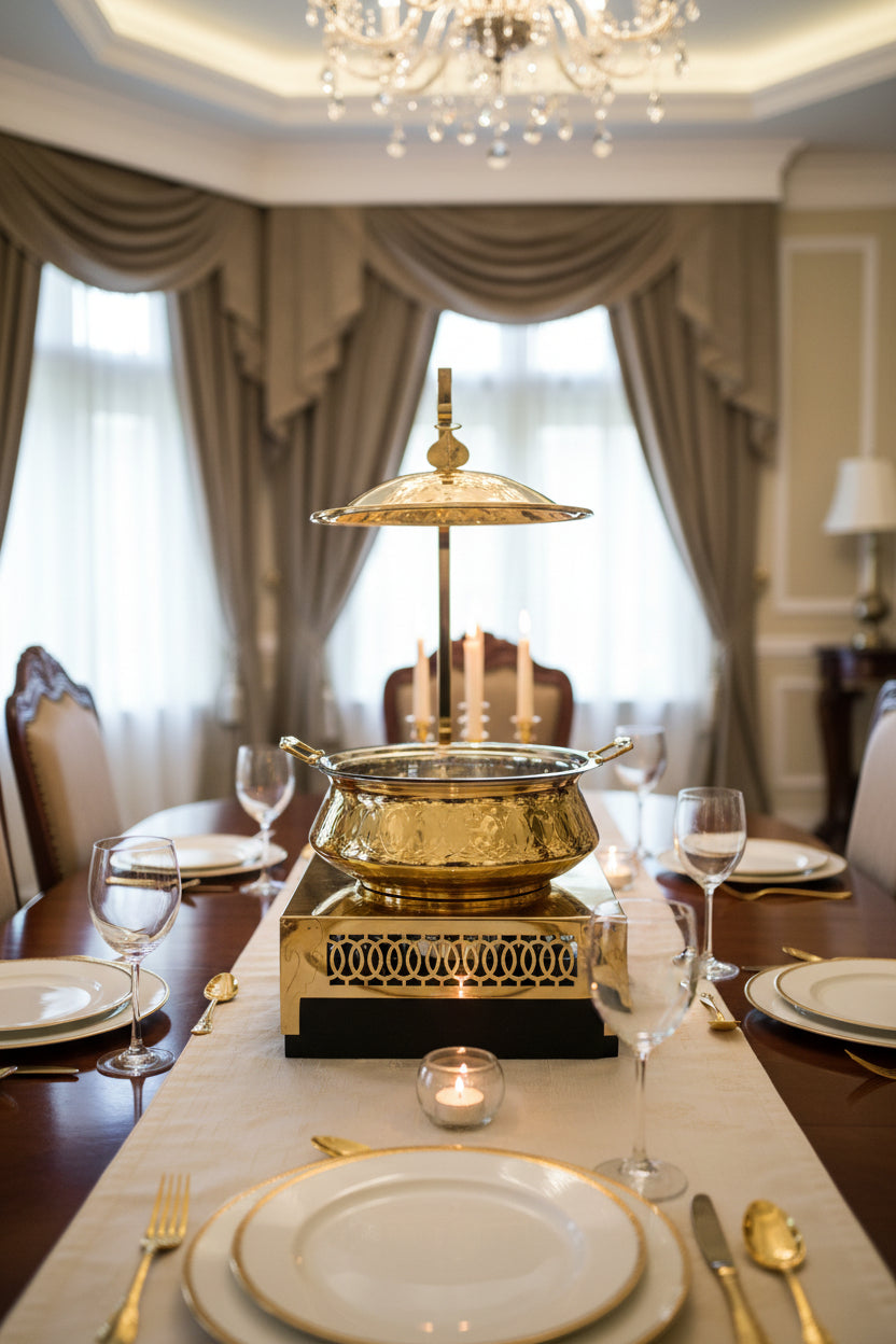 Stainless Steel Gold Round Chafing Dish with Gold Stand - 7 Qt.