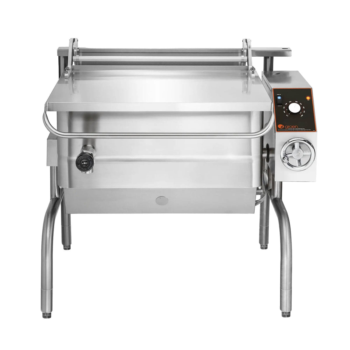 Groen BPM-40EC 40 Gallon Tilt Skillet - Manual Tilt, Stainless Clad Pan, Open Leg Base, 208V 3-Phase