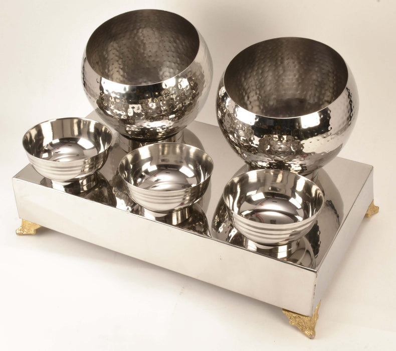 Hammered Stainless Steel 5 Pani Puri Pot Buffet Stand