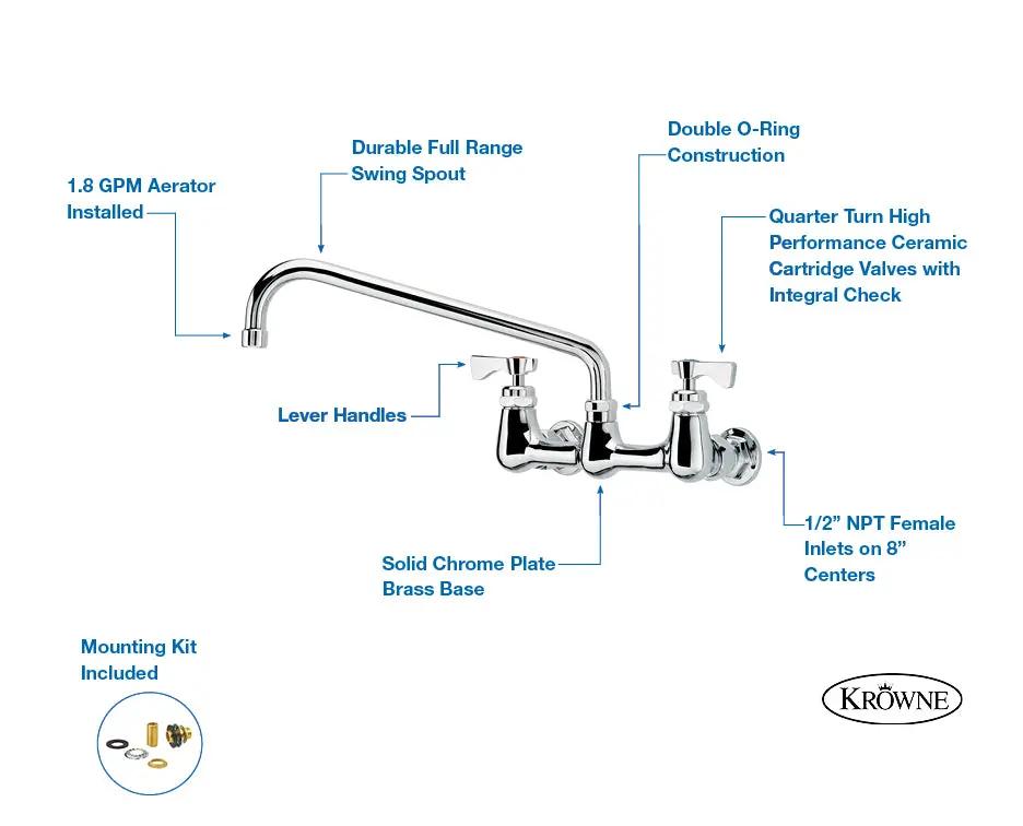 Krowne 14-812L Silver Series 8" Wall Mount Faucet with 14" Spout by Krowne (krowne-14-812l-silver-series-8-wall-mount-faucet-with-14-spout)