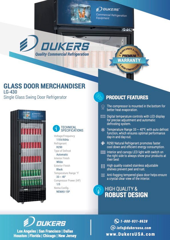 Dukers LG - 430 Commercial Single Swing Door Glass Merchandiser Refrigerator, Digital temperature controls, LED