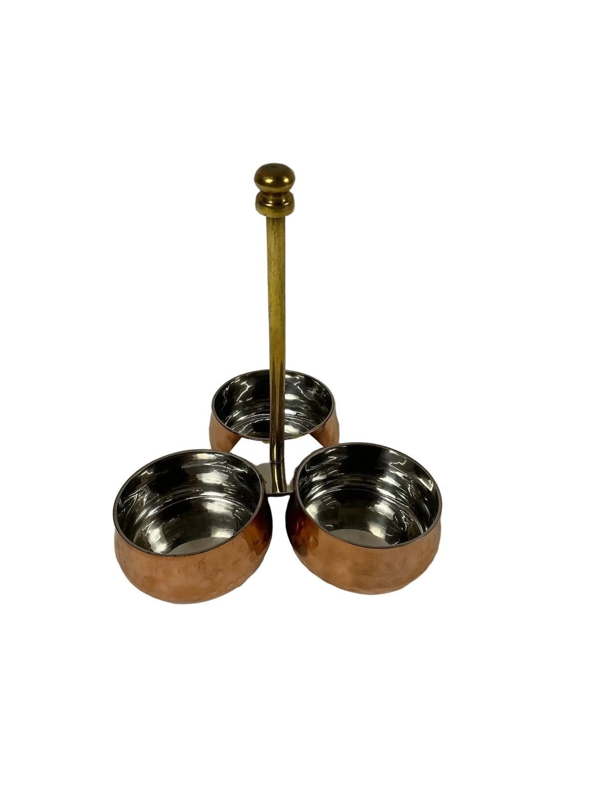 Copper Stainless Steel Pickles Stand - 3 Bowl with Brass Stand Top Down