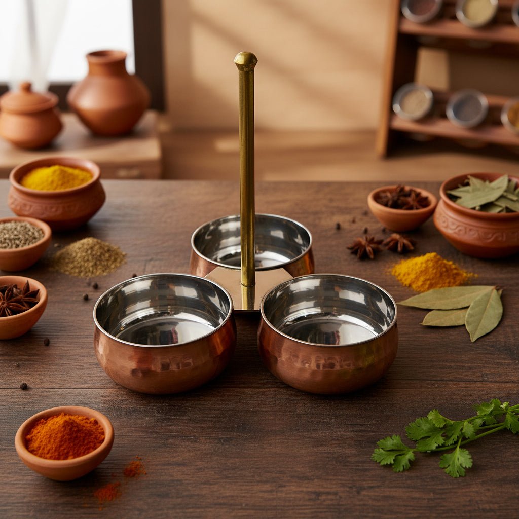 Copper Stainless Steel Pickles Stand - 3 Bowl with Brass Stand on Table