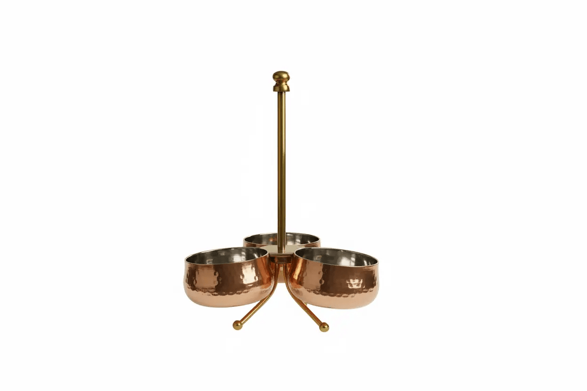 Copper Stainless Steel Pickles Stand - 3 Bowl with Brass Stand Product Image