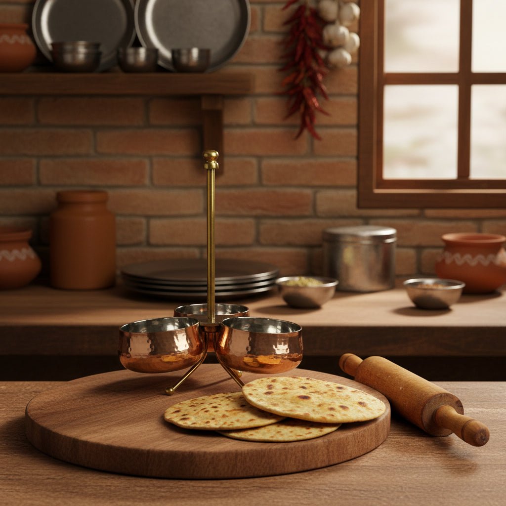 Copper Stainless Steel Pickles Stand - 3 Bowl with Brass Stand in Kitchen