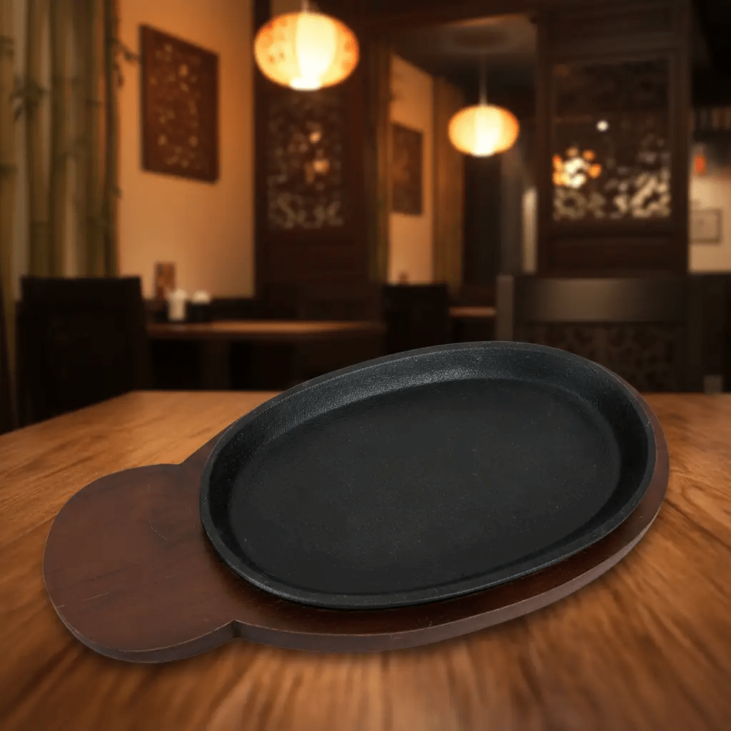 Gold Cast Iron Fish Sizzler with Wooden Board by Nishi Enterprise Inc (gold-cast-iron-fish-sizzler-with-wooden-board)