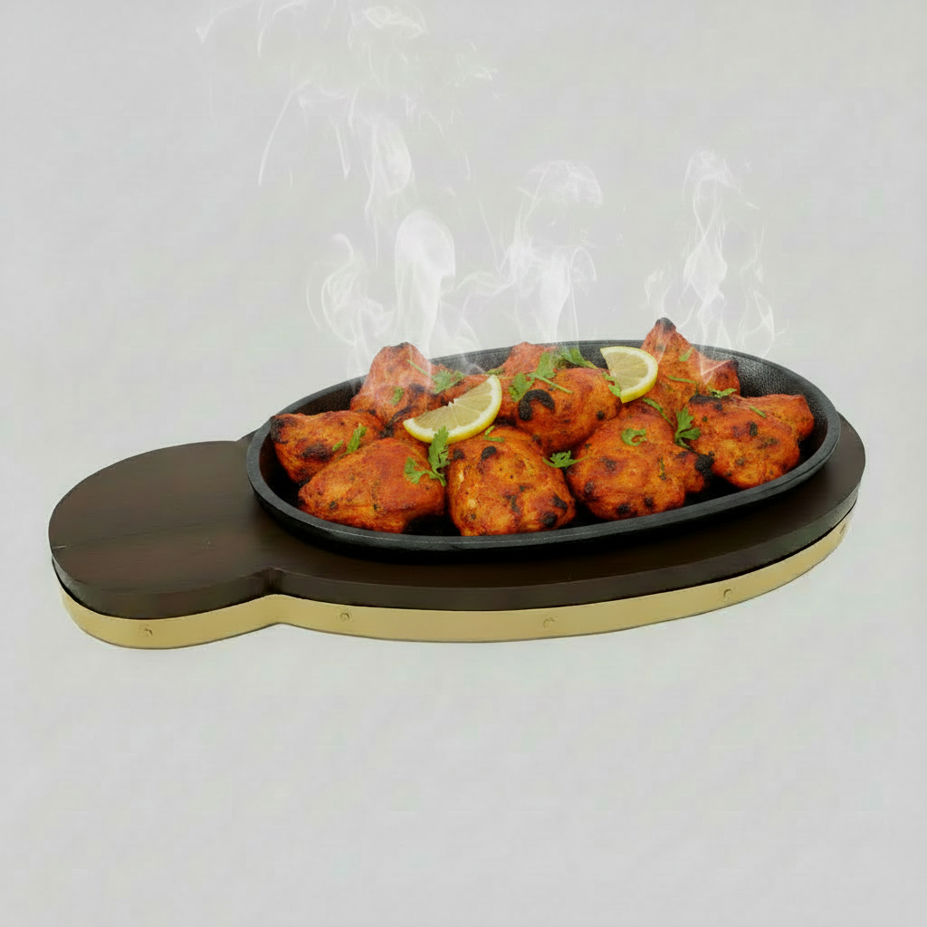 Gold Cast Iron Fish Sizzler with Wooden Board by Nishi Enterprise Inc (gold-cast-iron-fish-sizzler-with-wooden-board)