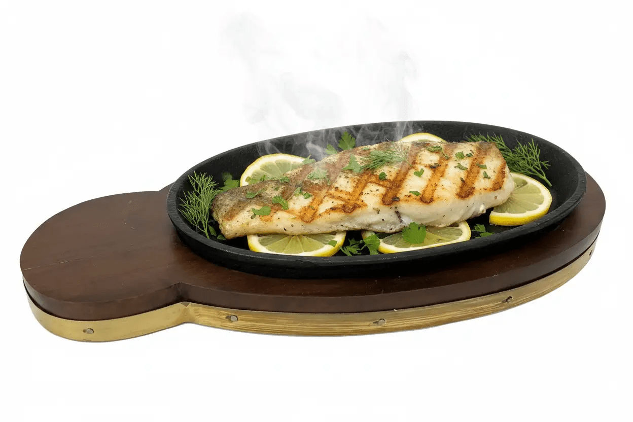 Gold Cast Iron Fish Sizzler with Wooden Board by Nishi Enterprise Inc (gold-cast-iron-fish-sizzler-with-wooden-board)