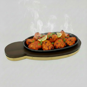 Gold Cast Iron Fish Sizzler with Wooden Board by Nishi Enterprise Inc (gold-cast-iron-fish-sizzler-with-wooden-board)
