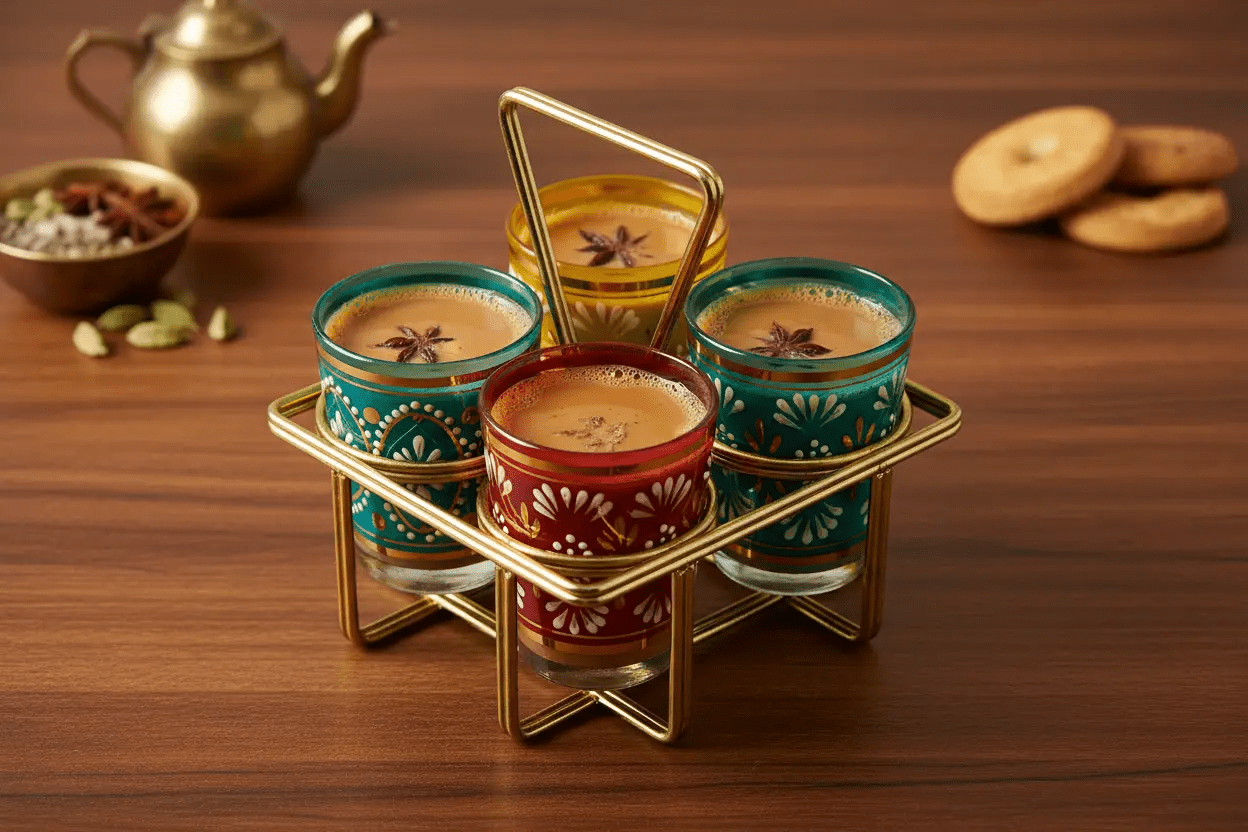 Gold Color Chai Carrier for 4 Glasses by Nishi Enterprise Inc (gold-color-chai-carrier-for-4-glasses-indian-restaurant-chai)
