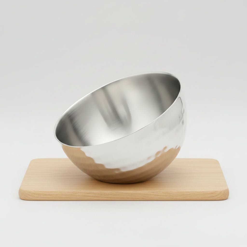Hammered Finish Double Wall Stainless Steel Angled Insulated Satin Serving Bowl by Nishi Enterprise Inc (hammered-finish-double-wall-stainless-steel-angled-insulated-satin-serving-bowl)
