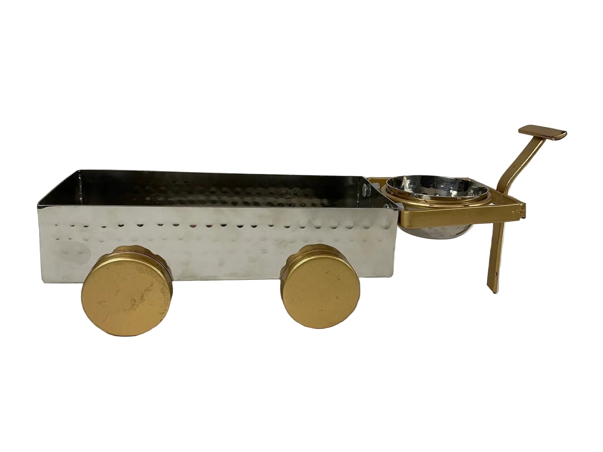 Hammered stainless steel serving cart with brass wheels and handle by Nishi Enterprise Inc (hammered-stainless-steel-serving-cart-with-brass-wheels-and-handle)