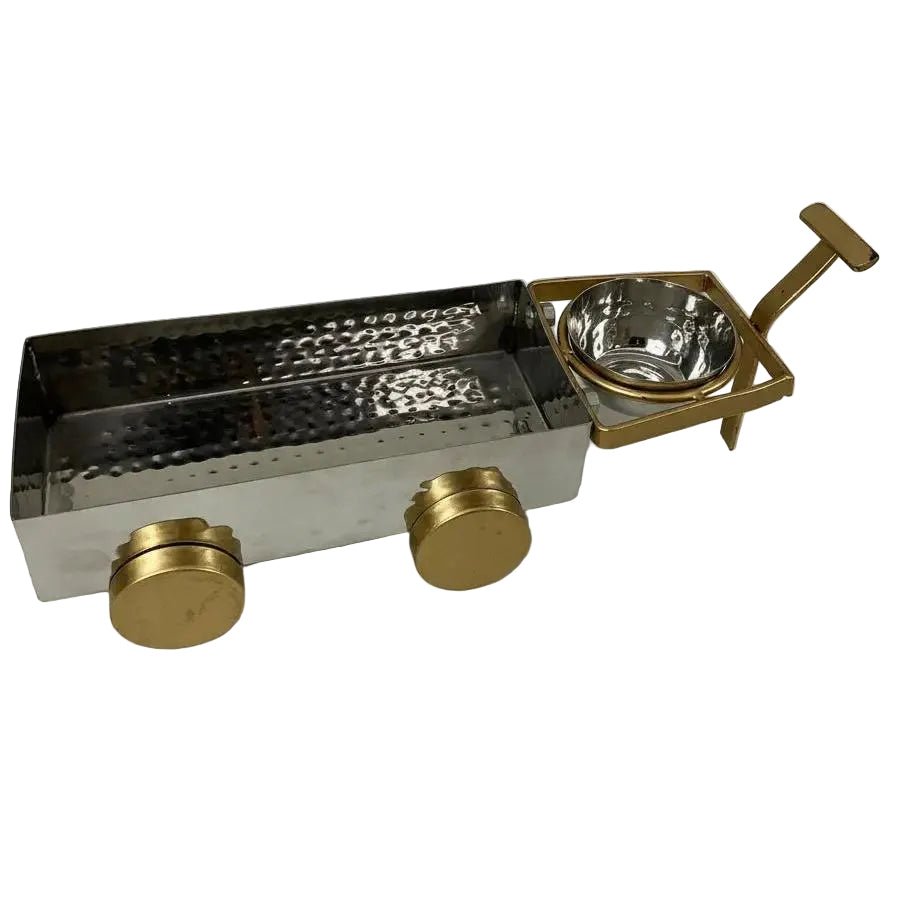 Hammered stainless steel serving cart with brass wheels and handle by Nishi Enterprise Inc (hammered-stainless-steel-serving-cart-with-brass-wheels-and-handle)