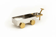 Hammered stainless steel serving cart with brass wheels and handle by Nishi Enterprise Inc (hammered-stainless-steel-serving-cart-with-brass-wheels-and-handle)