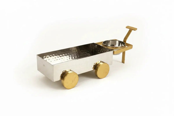 Hammered stainless steel serving cart with brass wheels and handle by Nishi Enterprise Inc (hammered-stainless-steel-serving-cart-with-brass-wheels-and-handle)