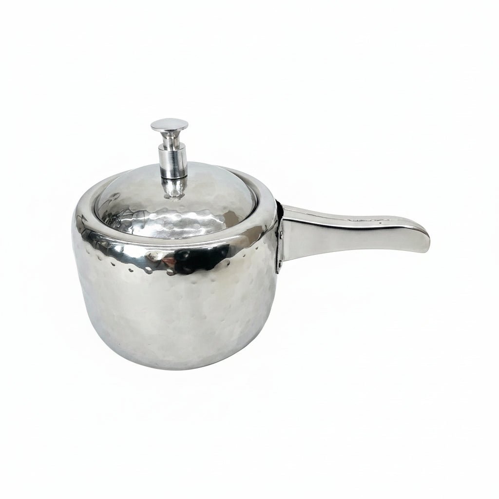 Hammered Stainless Steel Serving Cooker - 30 oz by Nishi Enterprise Inc (hammered-stainless-steel-serving-cooker-30-oz-closed-lid-view)