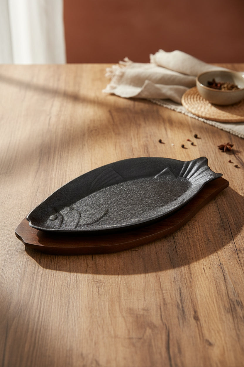 Iron Fish Sizzler Plate with Wood Liner Top Down 