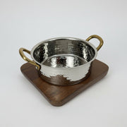 Serving sauce pan with brass handles and wood liner by Nishi Enterprise Inc (serving-sauce-pan-with-brass-handles-and-wood-liner)