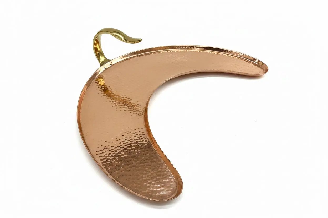 Hammered Copper Moon Thali with Brass Handle Side Angle Product Image