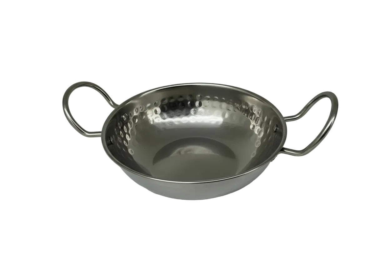 Hammered Stainless Steel Kadai Serving Bowl with Wire Handles 16oz by Nishi Enterprise Inc (hammered-stainless-steel-kadai-serving-bowl-with-wire-handles-16oz)