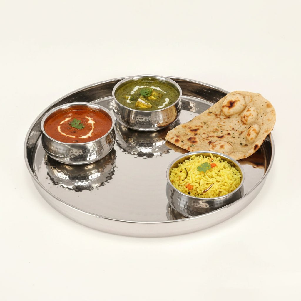 Steel-H-Thali-13Hammered Stainless Steel Round Thali Platter 13"