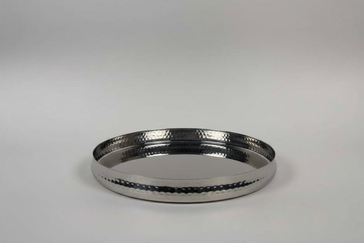 NE-1586Stainless Steel Hammered Round Curved Border Thali Platter 13"