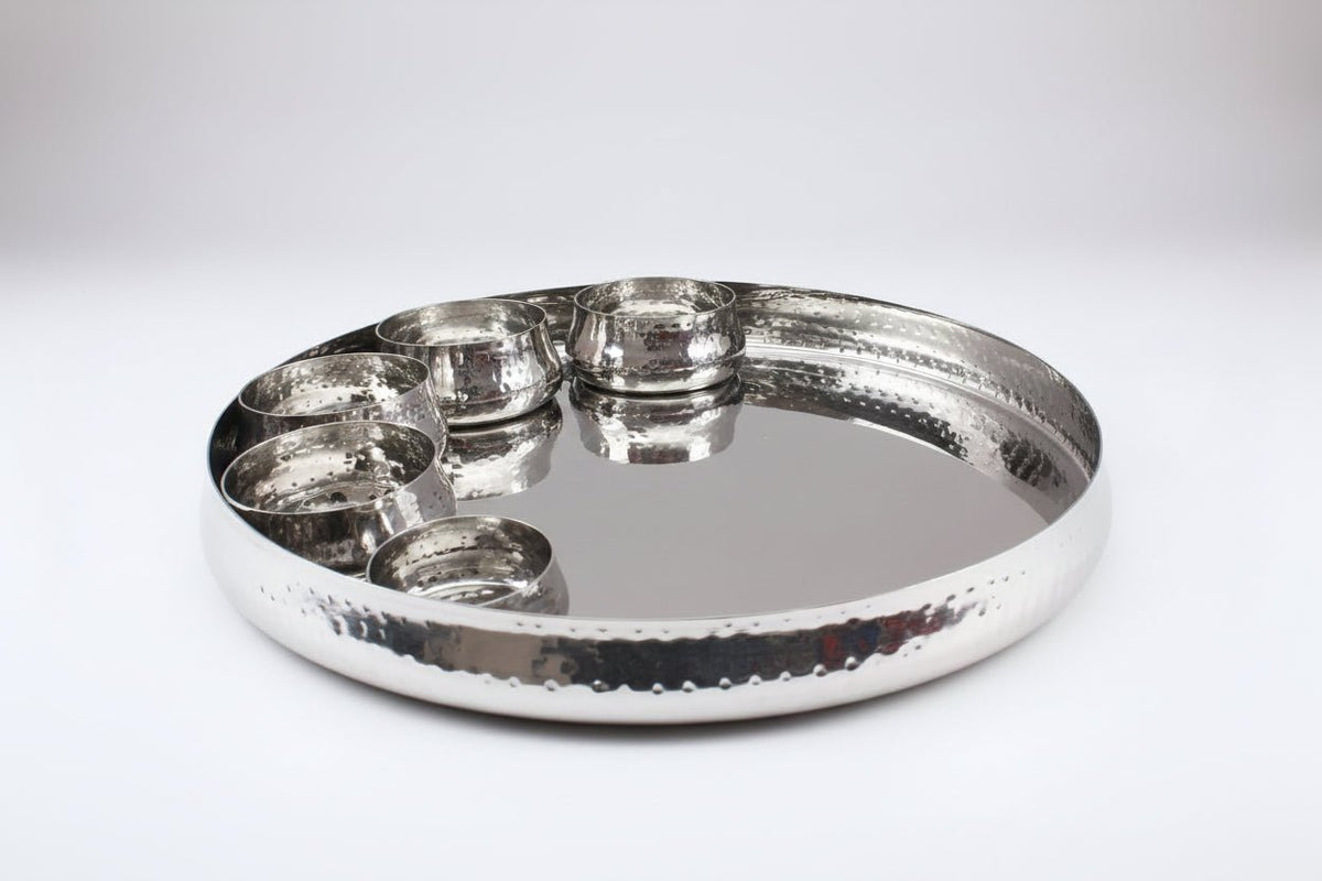 NE-1586Stainless Steel Hammered Round Curved Border Thali Platter 13"
