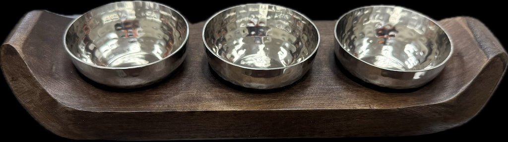 Pickle & Relish Three Bowls Set with Wooden Plate Stainless Steel