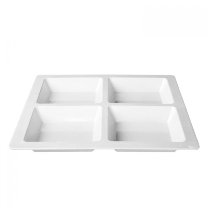 Thunder Group PS5104W, 60 OZ, 13 1/2" X 13 1/2" X 1 3/8", SQUARE 4 SECTION COMPARTMENT TRAY, PASSION WHITE, Melamine, NSF, Case Pack of 6