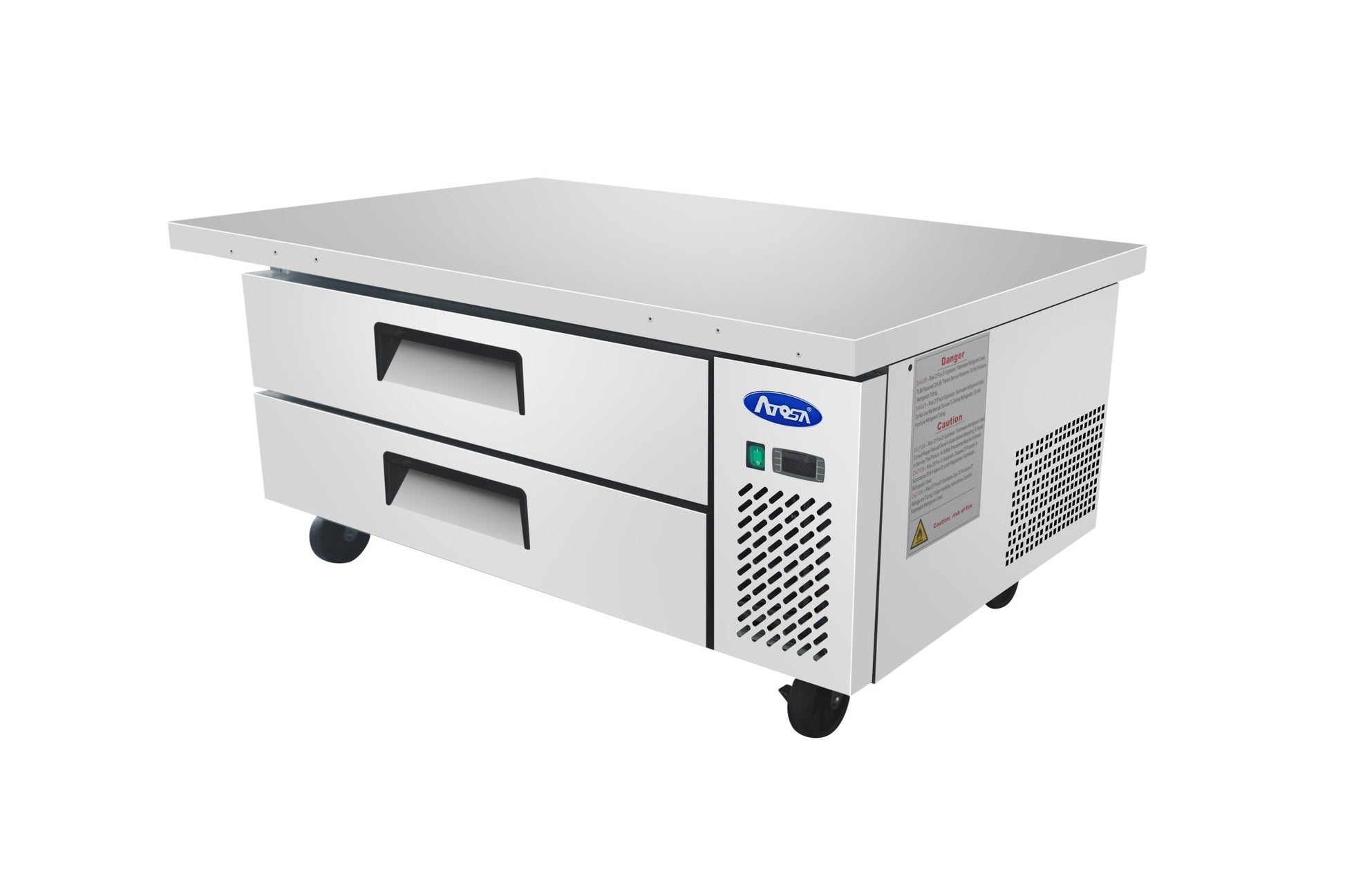 Side view of ATOSA MGF8451GR 52 Inch 2 Drawer Refrigerated Extended Top Chef Base