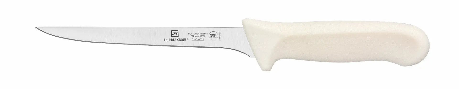 Thunder Group Boning Knife, 6" Blade, Narrow, White Polypropylene Handles, German Steel, NSF by Thunder Group (thunder-group-boning-knife-6-blade-narrow-white-polypropylene-handles-german-steel-nsf)
