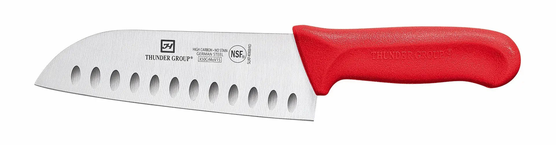 Thunder Group Santoku Knife, 7" Blade, Hollow Ground, Red Polypropylene Handles, German Steel, NSF by Thunder Group (thunder-group-santoku-knife-7-blade-hollow-ground-red-polypropylene-handles-german-steel-nsf)
