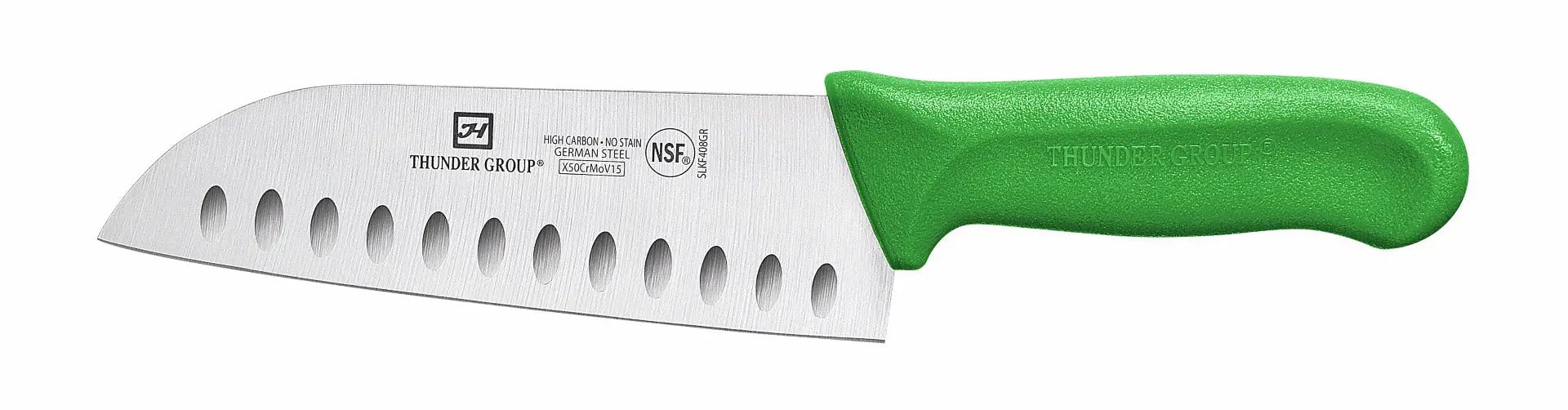 Thunder Group Santoku Knife, 7" Blade, Hollow Ground, Green Polypropylene Handles, German Steel, NSF by Thunder Group (thunder-group-santoku-knife-7-blade-hollow-ground-green-polypropylene-handles-german-steel-nsf)