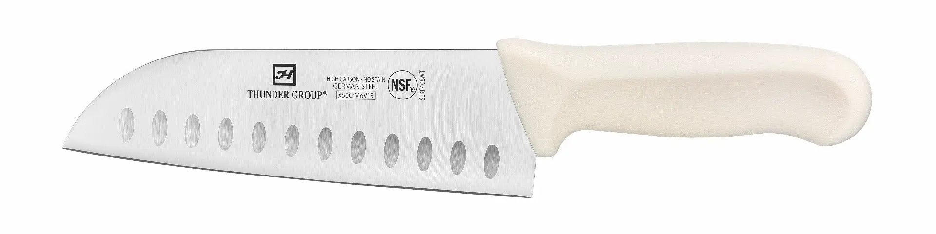 Thunder Group Santoku Knife, 7" Blade, Hollow Ground, White Polypropylene Handles, German Steel, NSF by Thunder Group (thunder-group-santoku-knife-7-blade-hollow-ground-white-polypropylene-handles-german-steel-nsf)