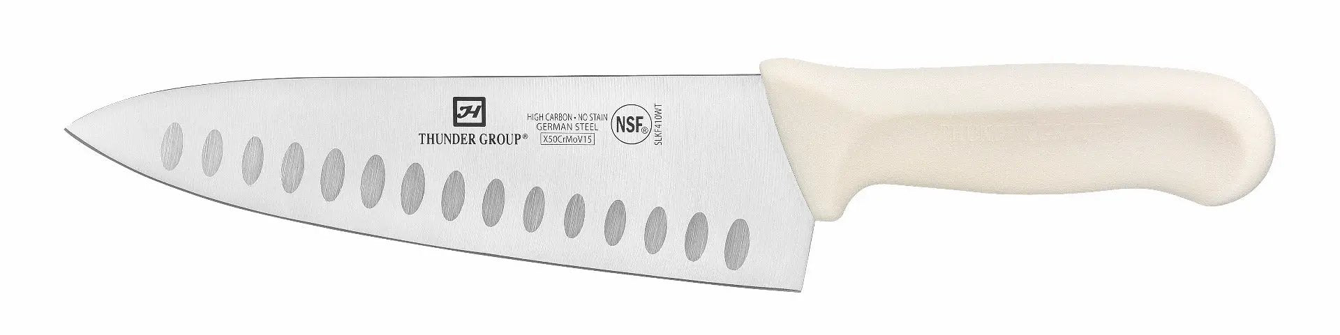Thunder Group Chef's Knife, 8" Blade, Hollow Ground, White Polypropylene Handles, German Steel, NSF by Thunder Group (thunder-group-chefs-knife-8-blade-hollow-ground-white-polypropylene-handles-german-steel-nsf)