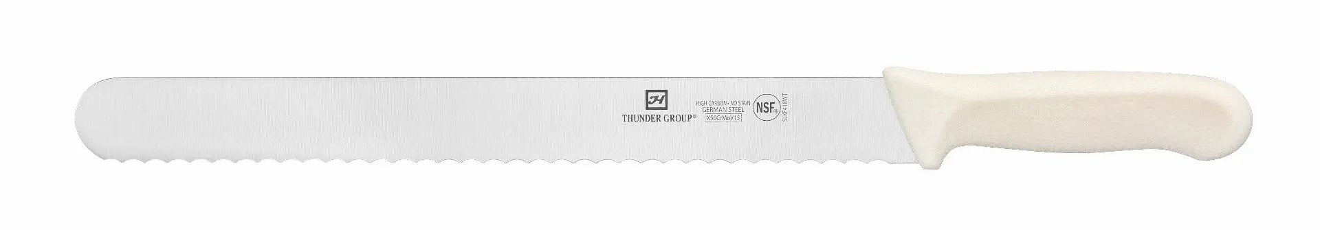 Thunder Group Slicer, 12" Blade, Wavy Edge, White Polypropylene Handles, German Steel, NSF by Thunder Group (thunder-group-slicer-12-blade-wavy-edge-white-polypropylene-handles-german-steel-nsf)