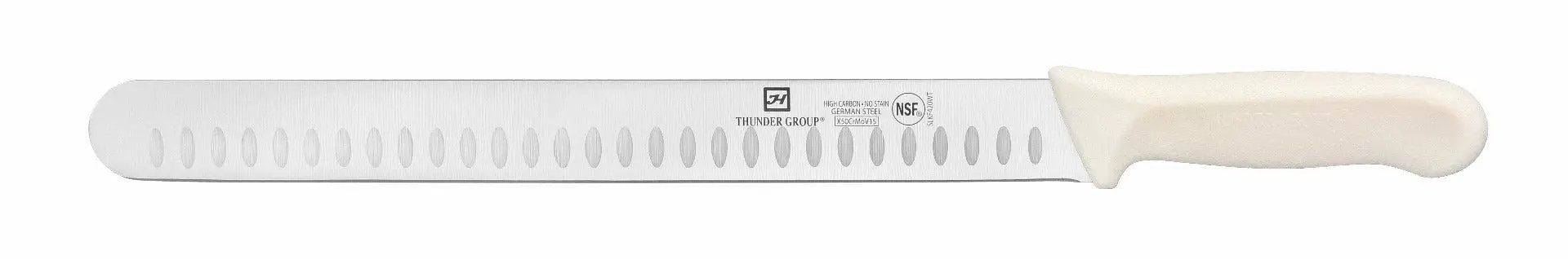 Thunder Group Slicer, 12" Blade, Hollow Ground, White Polypropylene Handles, German Steel, NSF by Thunder Group (thunder-group-slicer-12-blade-hollow-ground-white-polypropylene-handles-german-steel-nsf)