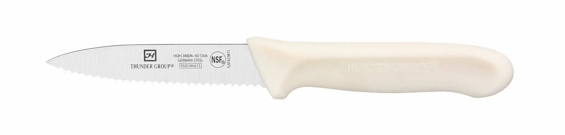 Thunder Group Paring Kinfe, 3-1/2" Blade, Serrated Edge, White Polypropylene Handles, 2 Piece/Pack, German Steel, NSF by Thunder Group (thunder-group-paring-kinfe-3-1-2-blade-serrated-edge-white-polypropylene-handles-2-piece-pack-german-steel-nsf)