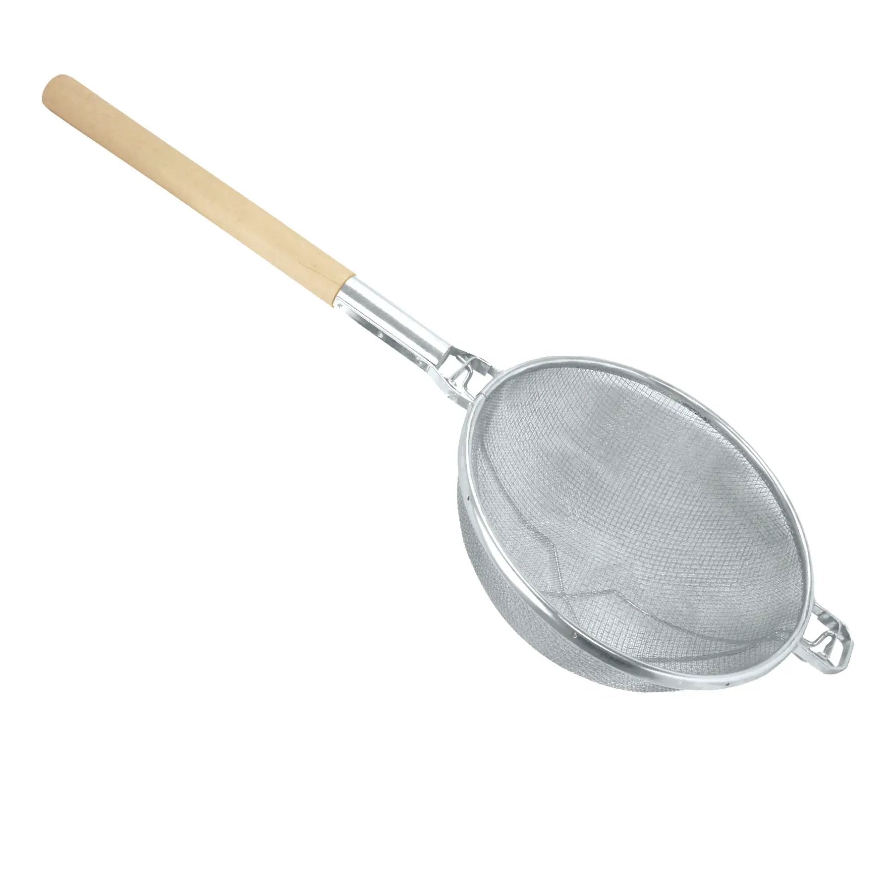 Thunder Group 13-3/4" Diameter x 8" Height, 19-3/4" Handle Length, Reinforced Fine Double Mesh Strainer, Nickel Plated Wire, Frame & Support with Round Wooden Handle, Extra Cross-Support by Thunder Group (thunder-group-13-3-4-diameter-x-8-height-19-3-4-handle-length-reinforced-fine-double-mesh-strainer-nickel-plated-wire-frame-support-with-round-wooden-handle-extra-cross-support)