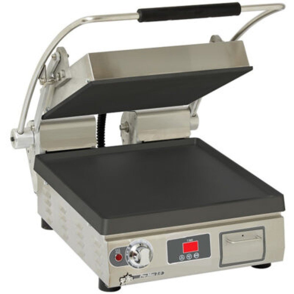 Star Pro-Max® 2.0 PST14ITGT 14" Panini Grill, Smooth Bottom / Grooved Top Cast Iron Plates, Digital Timer