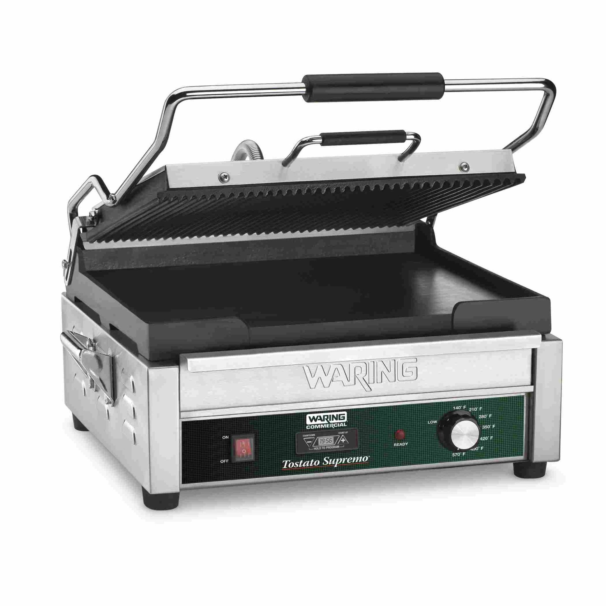 Waring WDG250T — Dual Grill — Ribbed Top Plate, Flat Bottom Plate with Timer — 120V  (14.5" x 11" cooking surface)