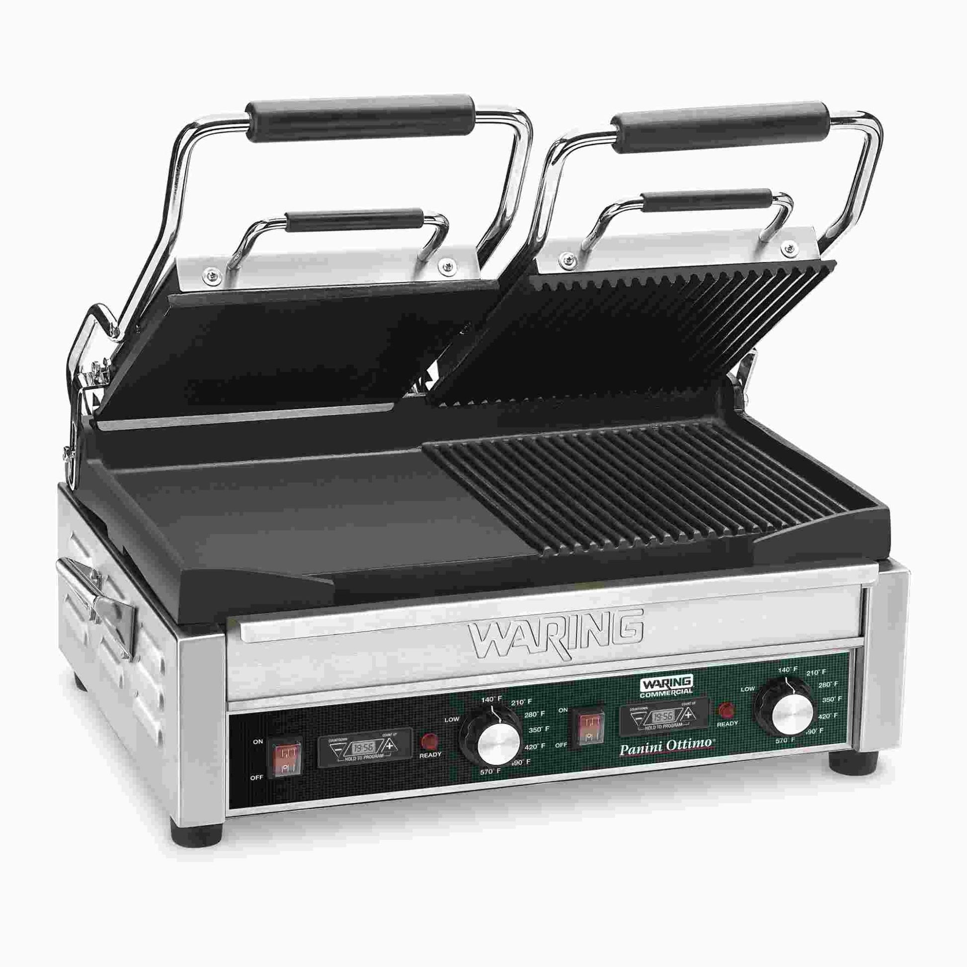 Waring WDG300T — Dual Grill — Half Panini and Half Flat Grill with Timer — 240V  (17" x 9.25" cooking surface)