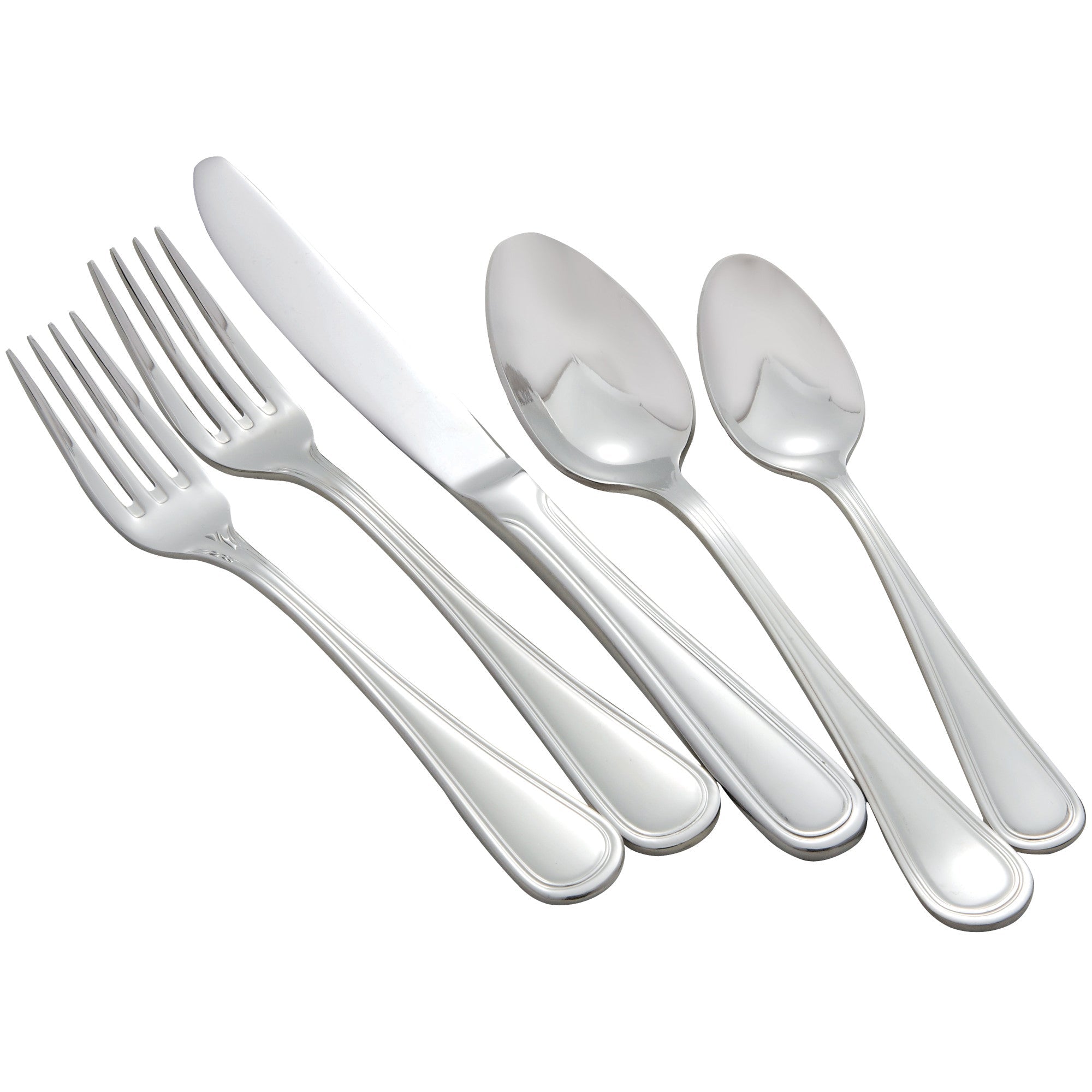 Winco 0030-01 Shangarila stainless steel teaspoon, alternate angle showing mirror finish and handle detail