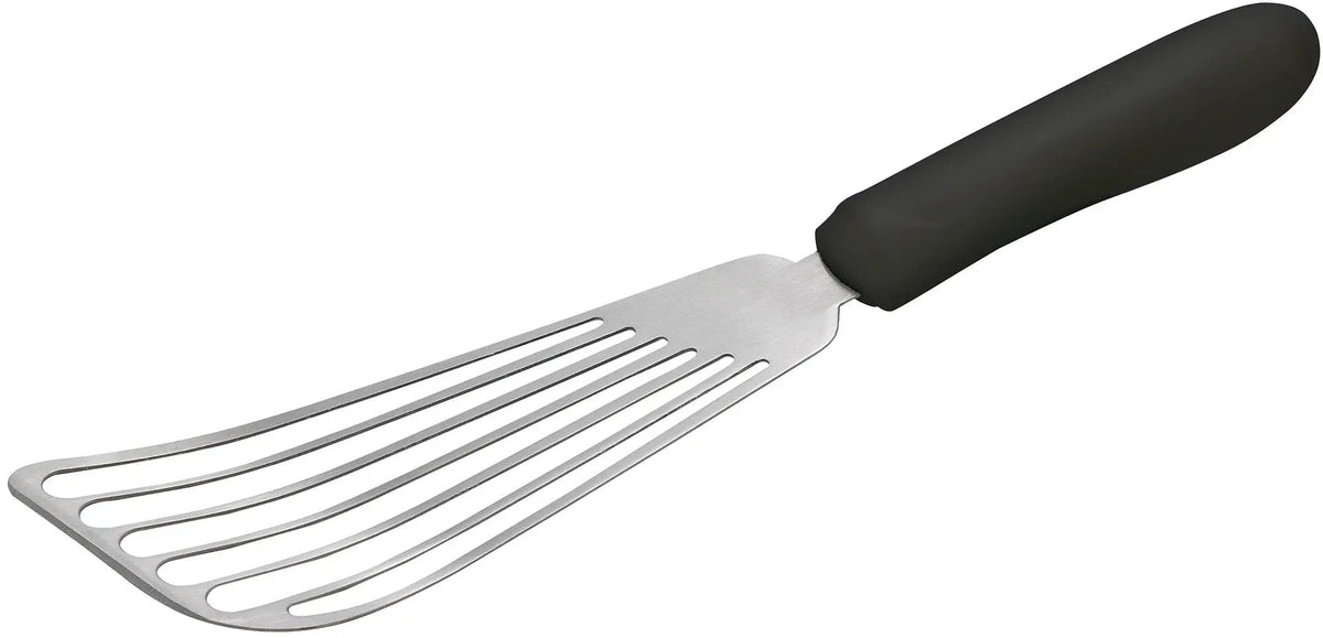 Winco TKP-60 stainless steel fish spatula with a 6-3/4" x 3-1/4" blade and black handle