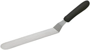 Winco TKPO-9 stainless steel offset spatula with a 8-1/2" x 1-1/2" blade and black handle