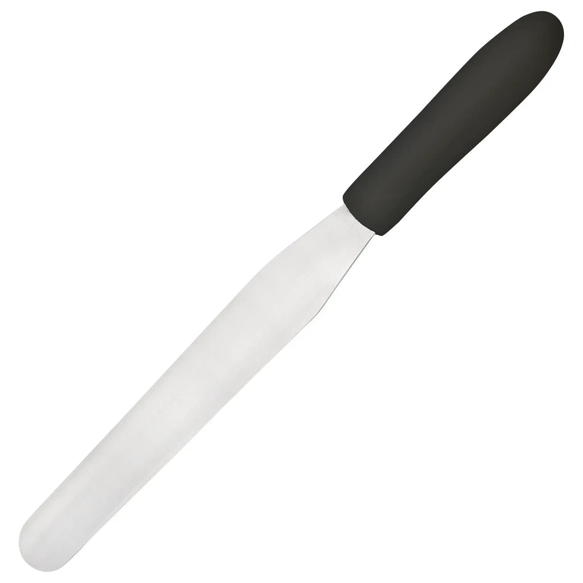 Winco TKPS-7 stainless steel bakery spatula with a 7-15/16" x 1-1/4" blade and black handle